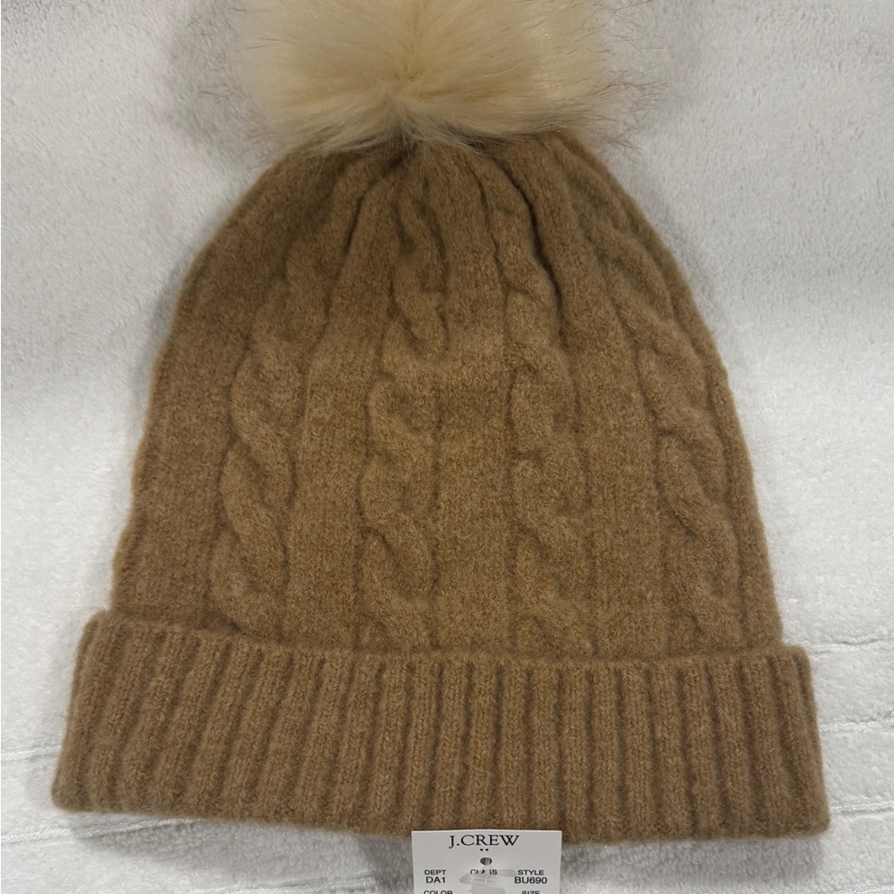 J.Crew Brown Cable Knit Beanie with Pom Pom